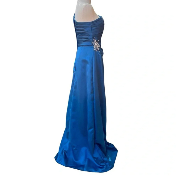 Mori Lee by Madeline Gardner NWT Blue Satin One-Shoulder Gown w/Ruched Bodice S6 - Picture 3 of 12